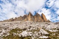 Sesto Dolomites Italy - South Rock Face of Tre Cime di Lavaredo or Drei Zinnen Royalty Free Stock Photo