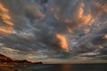 Sestri Levante promontory and a scenic sunset. View from Cavi di Lavagna. Tigullio gulf. Liguria. Italy Royalty Free Stock Photo