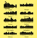 Set of 10 City Silhouette in Washington ( Seattle, Olympia, Auburn, Vancouver, Takoma, Spokane, Bellevue, Everett )