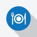 White dinner set icon in blue circle with shadow. Royalty Free Stock Photo