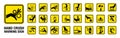 Set of 24 isolated Hand Crush Force hazardous symbols on yellow round square board warning sign