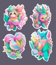 Set of four cute watercolor vector stickers with magical animals. Royalty Free Stock Photo