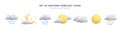 Set of 3d realistic forecast weather icons isolated on white background. Sun, moon, star, lightning, cloud, rain drops, snowflakes Royalty Free Stock Photo