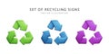 Set of 3d realistic recycling signs isolated on white background. Vector illustration