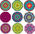 Set of 9 colorful round ornaments, kaleidoscope fl Royalty Free Stock Photo