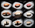 Set of 9 different nigirizushi (sushi) Royalty Free Stock Photo
