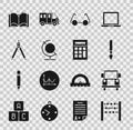 Set Abacus, School Bus, Paint brush, Glasses, Earth globe, Drawing compass, Open book and Calculator icon. Vector