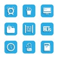Set Abacus, Table lamp, Book, School Bus, Clock, Document folder with clip, Computer monitor and Alarm clock icon Royalty Free Stock Photo