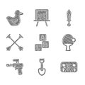 Set ABC blocks, Shovel toy, Toy piano, Racket and ball, Ray gun, Arrow with sucker tip, Sword and Rubber duck icon Royalty Free Stock Photo