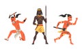 Set of Aboriginal or Indigenous Warriors, African and Indian Men Dressed in Ethnic Clothes with Weapon Cartoon Vector