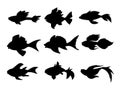 Set of abstract black fish silhouettes. Marine animals at depth. Vector illustration isolated on white background. Fish shape