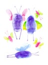 Set of abstract blots of birds butterflies. Watercolor illustration isolated on white background Royalty Free Stock Photo