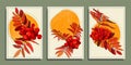 Set of abstract botanical posters with minimalistic composition. Autumn background with leaves and fruits of mountain ash.