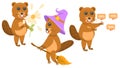 Set Abstract Collection Flat Cartoon Different Animal Beavers Tearing Petals From Chamomile, Flying On A Broomstick, Reaching Out Royalty Free Stock Photo