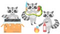 Animal Raccoons Unpacks The TV, Fighting A Snake, Putting Out A Fire With A Fire Extinguisher Vector Design Style Elements Fauna