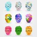 set of abstract colorful geometric flat happy smile male faces with glasses shapes from triangular forms for graphic design