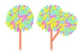 A set of 2 abstract colorful images of a tree collected from paper office stickers of various shapes