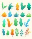 Set of abstract colorful leaves and trees in flat style. Leaf collection. Trendy plants