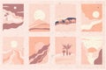 Set of abstract contemporary aesthetic backgrounds landscapes set with sunrise, sunset. Earth tones, pastel colors. Mid century
