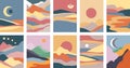 Set of abstract contemporary landscape posters in boho style. Mountain hills view with clouds, sun and moon.Mid century Royalty Free Stock Photo