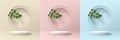 Set of abstract 3D background with beige, blue, pink realistic cylinder podium. Green leaf in circle window scene. Vector render Royalty Free Stock Photo