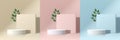 Set of abstract 3D background with beige, blue, pink realistic cylinder podium. Square partition and green leaf. Vector rendering Royalty Free Stock Photo