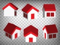 Set of abstract 3d houses icons. 3d house model with red roof and windows. House 3d icon illustration with different views and an