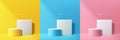 Set of abstract 3D room background with yellow, blue, pink, white realistic cylinder and cube pedestal podium. Vector rendering Royalty Free Stock Photo