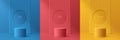 Set of abstract 3D room with yellow, blue, red realistic cylinder podium. Vertical line texture and circle window on wall. Vector Royalty Free Stock Photo