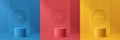 Set of abstract 3D room with yellow, blue, red realistic cylinder podium. Vertical line texture and circle window on wall. Vector Royalty Free Stock Photo