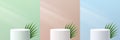 Set of abstract 3D white cylinder pedestal podium with coconut leaf and pastel green, beige and blue wall scene. Modern vector Royalty Free Stock Photo