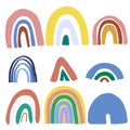 Set of abstract doodle rainbows. Hand drawing fantastic colorful rainbow in kids drawing style.