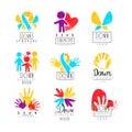 Set of abstract emblems with ribbons, humans and hands. Logos for medical centers. For invitation, charitable fund or