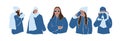 Set of abstract faceless women in jackets,hats and scarf. Collection female in winter stylish outfits. Christmas and New