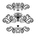 Set abstract floral ornament, delimiter, frame, border, pattern, black and white drawing with curls, swirl, flower, hear,