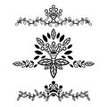 Set abstract floral ornament, delimiter, frame, border, pattern, black and white drawing with curls, swirl, flower, leaf, Royalty Free Stock Photo