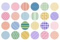 Set of abstract geometric seamless patterns. Polka dot, stripes and plaid. Colorful retro pop circular icon. Vector illustration. Royalty Free Stock Photo