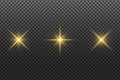 Set of abstract glowing stars isolated on a transparent dark background. Golden glare. Christmas elements. Light effect. Vector