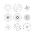 Set of abstract halftone circular shapes, spiral dotted vector patterns, and radial geometric vortex ornaments Royalty Free Stock Photo