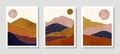 Set of Abstract Landscape of Mountains with the Sun in a Minimal Trendy Style. Vector Background in Terracotta Colors