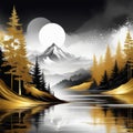 Set of abstract landscapes art gold black and white concept