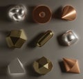 Set of abstract minimal 3d geometric shapes with different materials