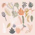 Set of abstract modern floral elements. Digital hand drawn illustration. Pastel colored naive plants. Leafs, flowers and Royalty Free Stock Photo