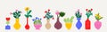 Set of abstract plants. Simple various domestic flowers in pots. Hand drawn colored infantile style art. Floral design, naive art