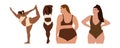 A set of abstract portraits of international plus size women in underwear. Curvy faceless woman.