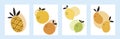 Set of abstract poster with tropical fruits. Summer background with pineapple, grapefruit, orange, lemon, lime and mango. Royalty Free Stock Photo