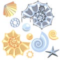 Set of abstract sea shells, starfish, pearl on white background. Steampunk style. Metal mechanical sea creatures. Cartoon