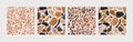 Set of abstract seamless patterns with cutout flower, turned edges geometric shapes, terrazzo flooring elements