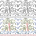 Set of abstract seamless patterns with palms and waves. Tropical backgrounds in polynesia style.