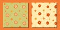 Set of abstract seamless patterns with vintage groovy flowers. Retro, Seventies style, flat design, Hippie Aesthetic